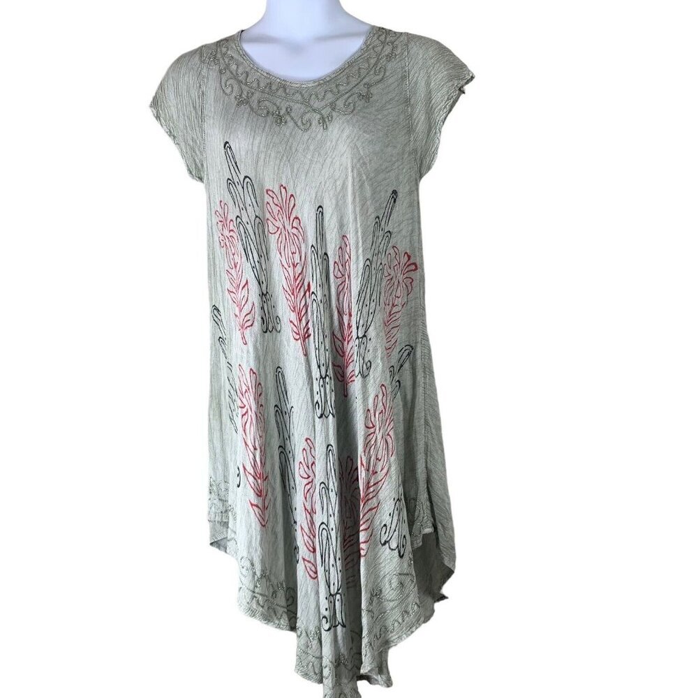 Fashion Force Dress Free Size Gray Red Floral Short Sleeved Handkerchief Hem NEW
